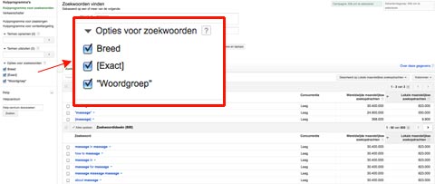 adwords keyword tool zoekwoord opties