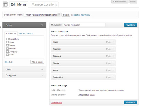 wordpress menu beheer