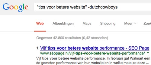 google search uitsluitings woorden