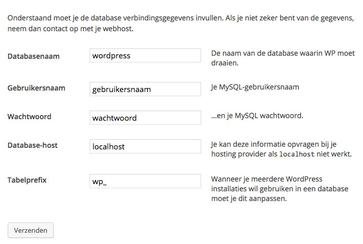 wordpress installatie gegevens