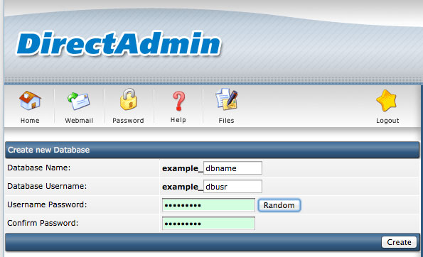 direct admin database aanmaken