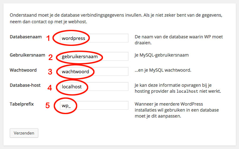 wordpress database gegevens invullen