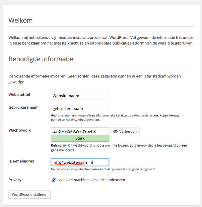 wordpress installatie