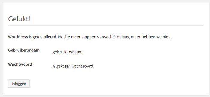 WordPress installatie voltooid