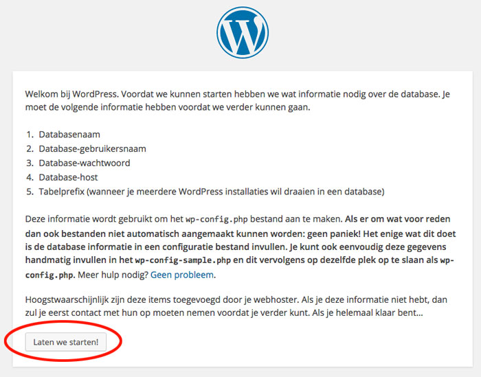 WordPress installatie scherm