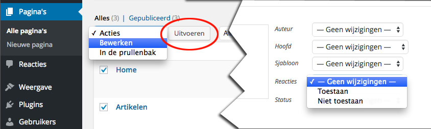 wordpress bulk reacties uitzetten