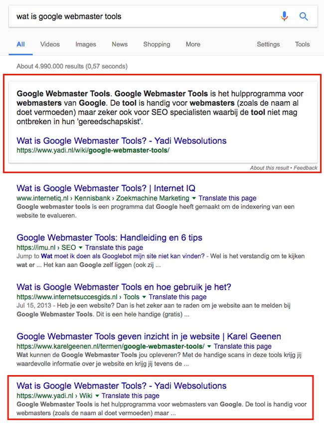 featured snippet voorbeeld