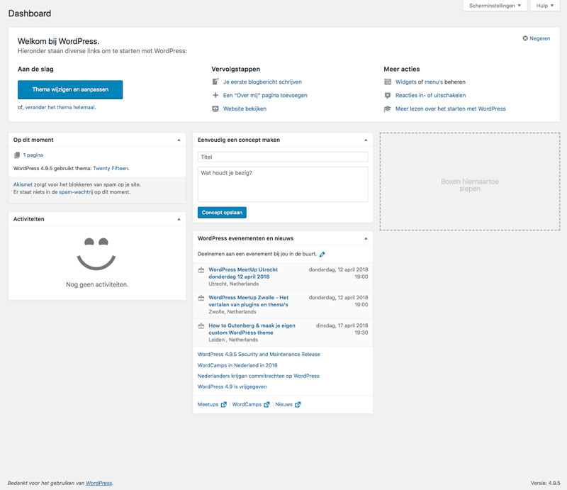 wordpress dashboard content gedeelte