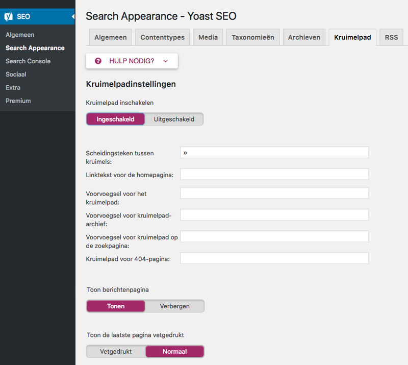 yoast seo breadcrumbs instellingen